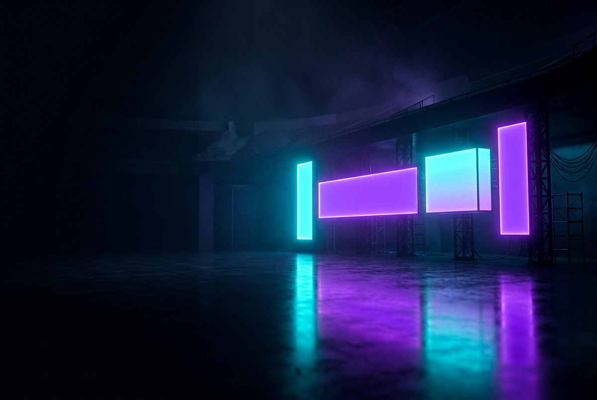 Rows of glowing neon billboard screens of different sizes in a dark arena