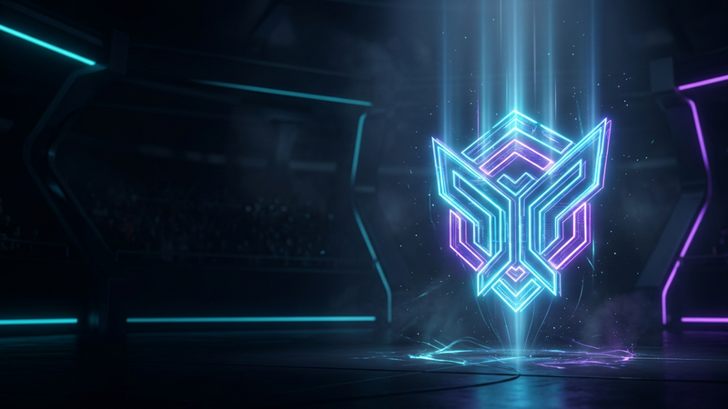 Neon esports arena with a glowing rank emblem rising above the stage