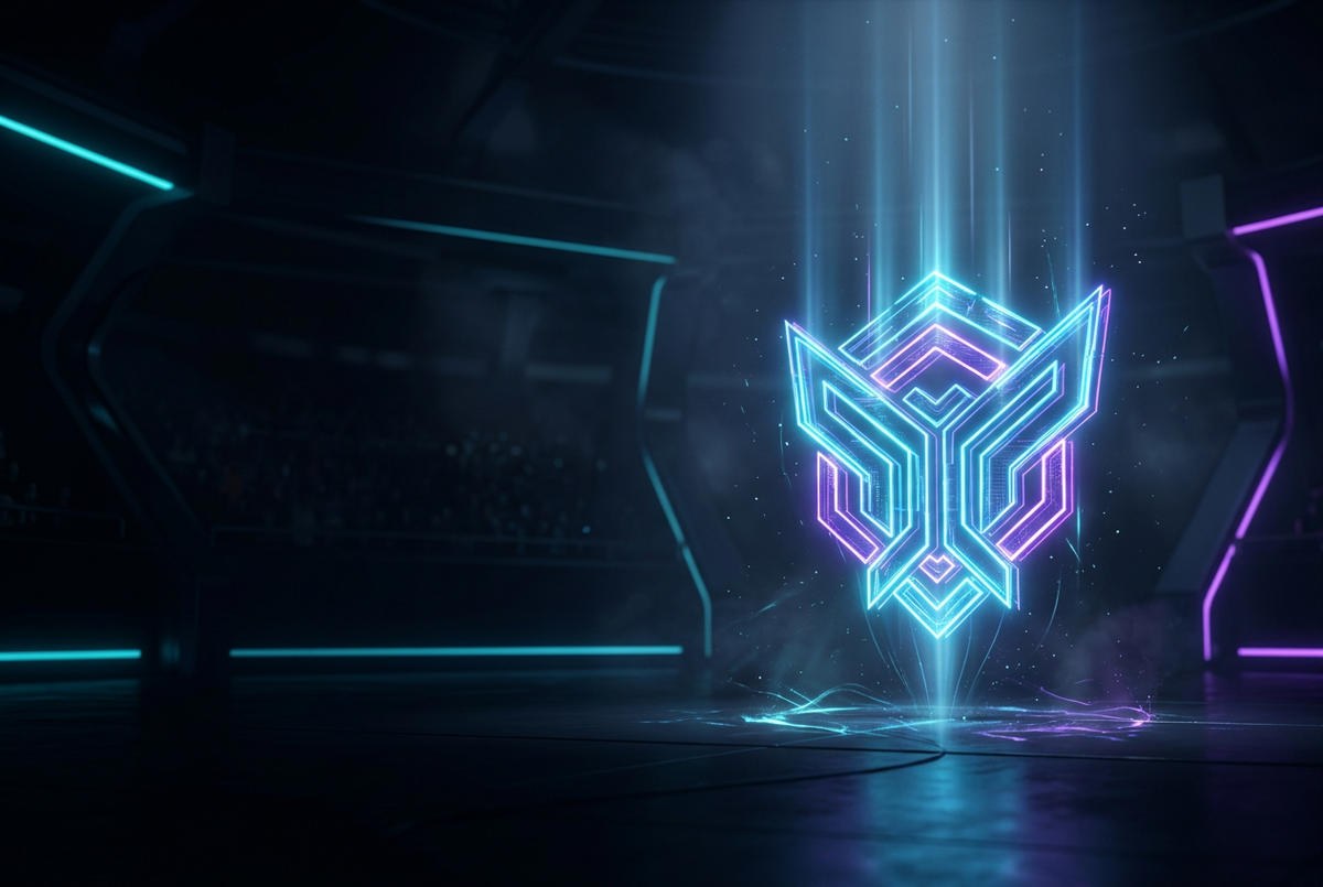 Neon esports arena with a glowing rank emblem rising above the stage