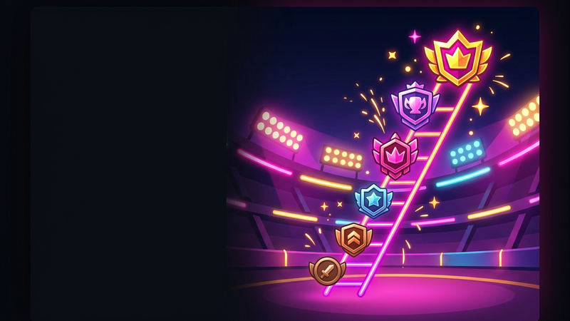 Neon ranked badge ladder rising over a bright cartoon arena with trophy sparks