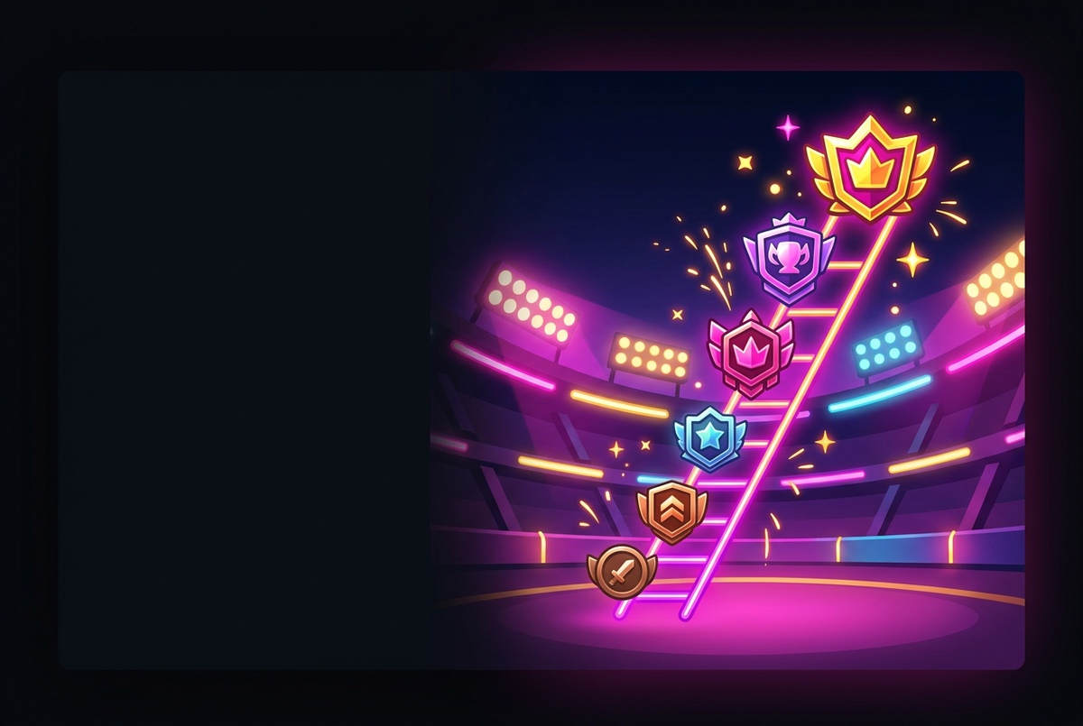 Neon ranked badge ladder rising over a bright cartoon arena with trophy sparks