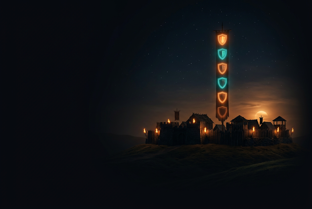 Fortified village silhouette beneath a tall banner of league shields lit by torchlight