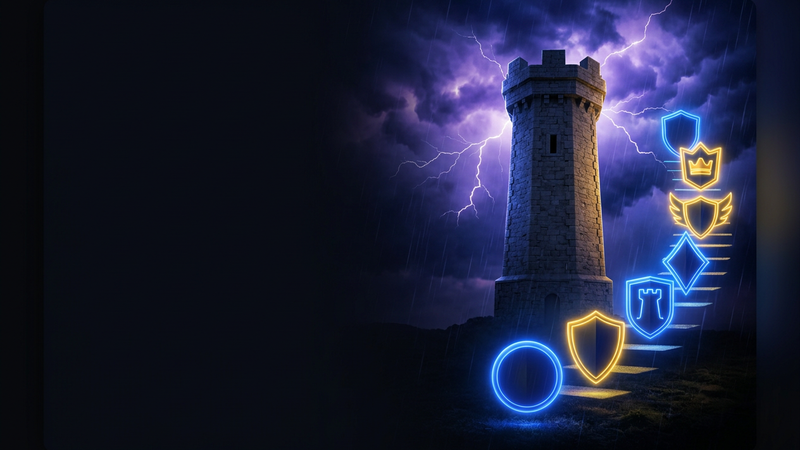 Crown tower and a climbing staircase of glowing league shields under a stormy sky