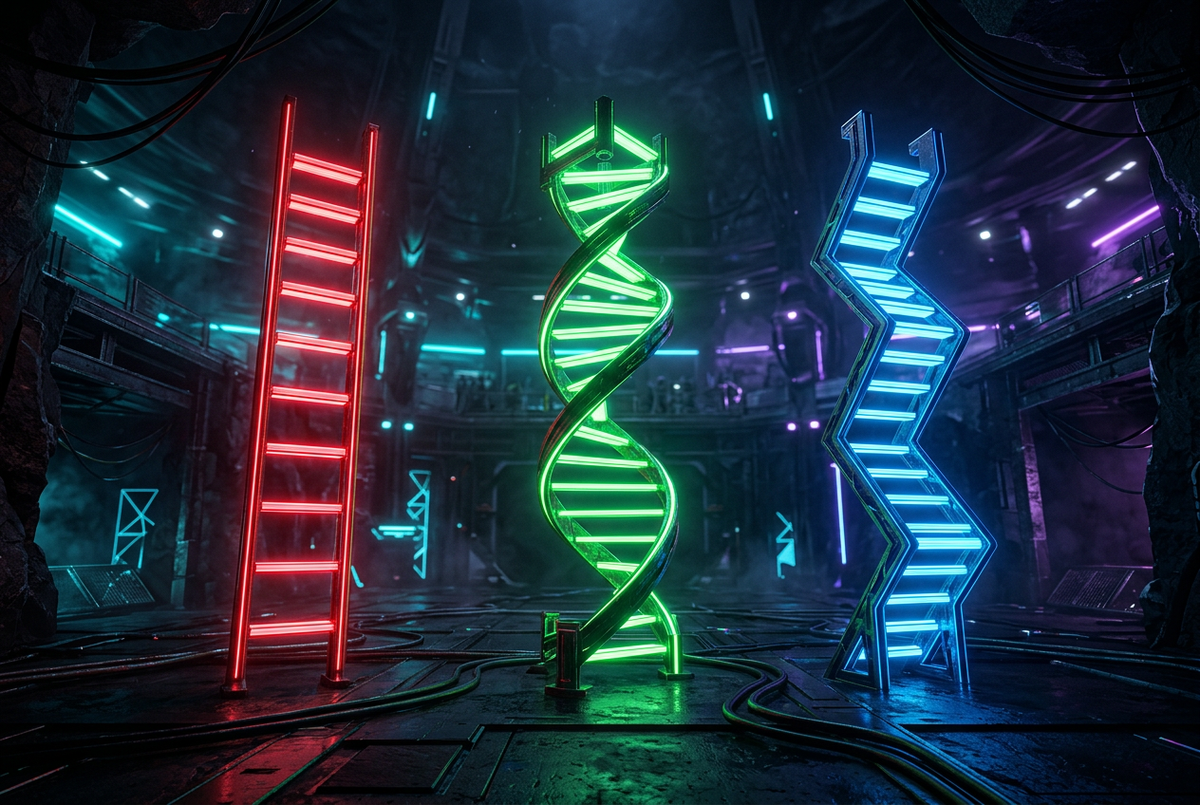 Three glowing ladders of different shapes in red, green and blue standing in a dark tactical arena