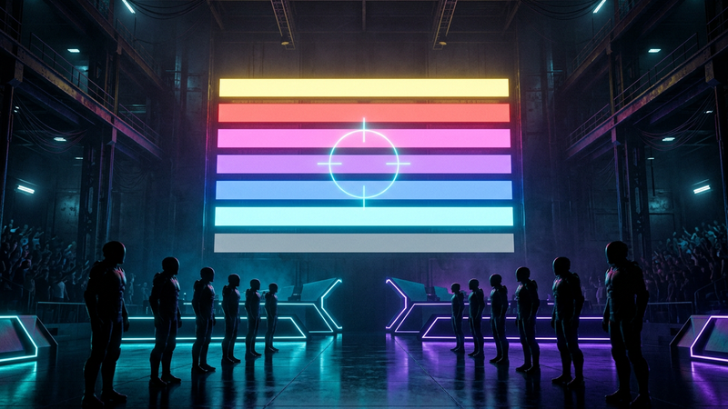 Wall of seven glowing rating color bars above two rows of player silhouettes in a dark arena