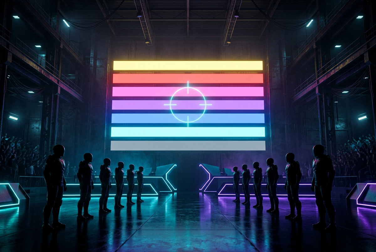 Wall of seven glowing rating color bars above two rows of player silhouettes in a dark arena