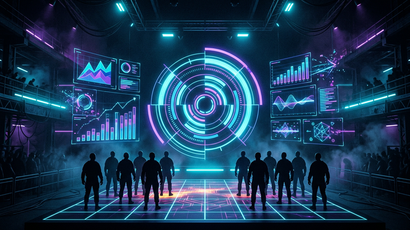 Holographic stat panels, heat map and rating dial above player silhouettes in a dark arena