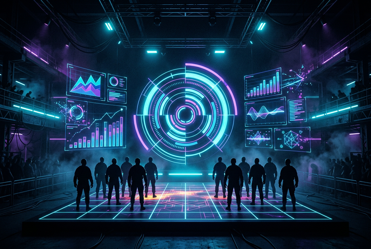 Holographic stat panels, heat map and rating dial above player silhouettes in a dark arena