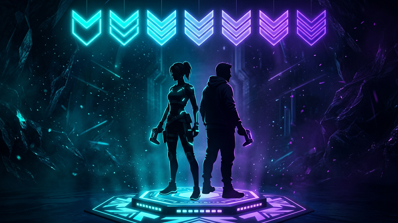 Two player silhouettes standing together on a lit platform under a row of glowing rank chevrons