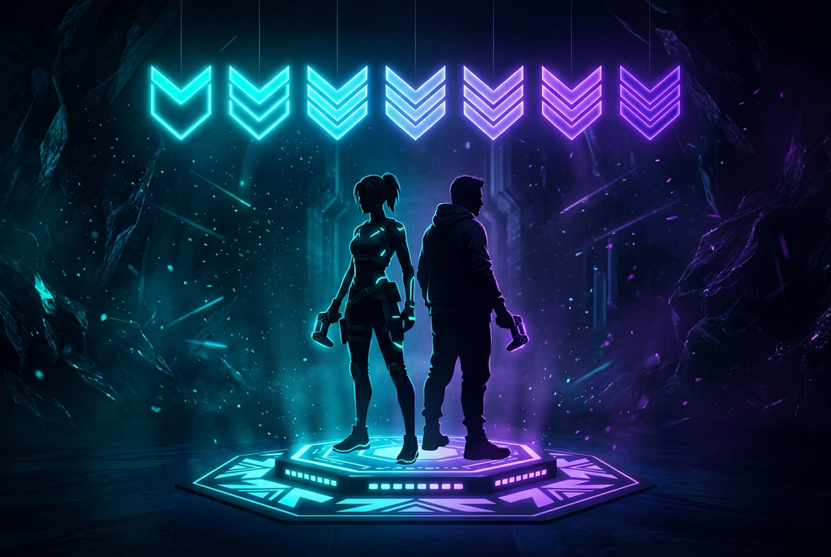 Two player silhouettes standing together on a lit platform under a row of glowing rank chevrons