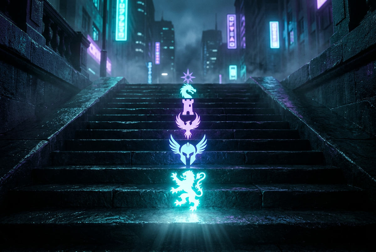 Stone stairway in a misty noir city with glowing emblems, the lowest step lit brightest