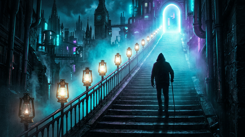 Hooded figure climbing a lantern-lit stone stairway toward a glowing arch in a noir city