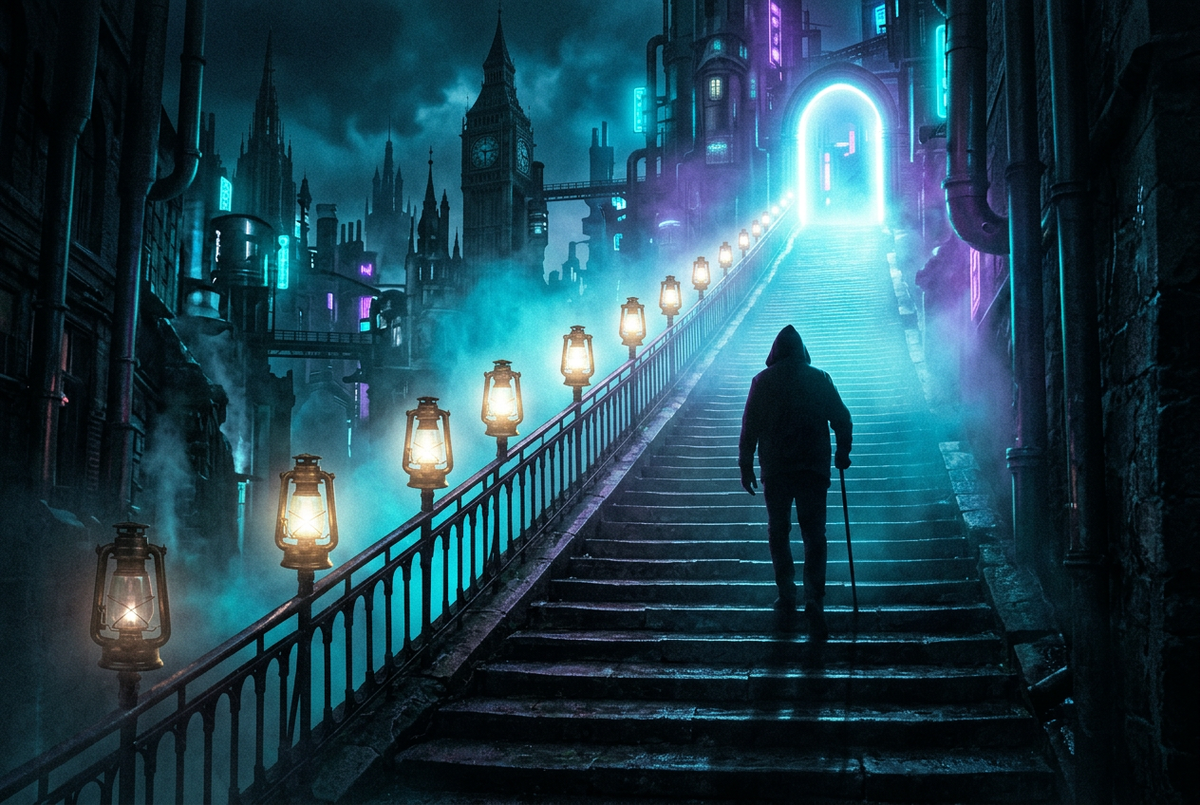Hooded figure climbing a lantern-lit stone stairway toward a glowing arch in a noir city