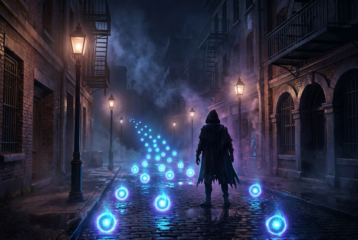 Hooded figure walking down a lantern-lit cobblestone street as glowing blue soul orbs stream toward them