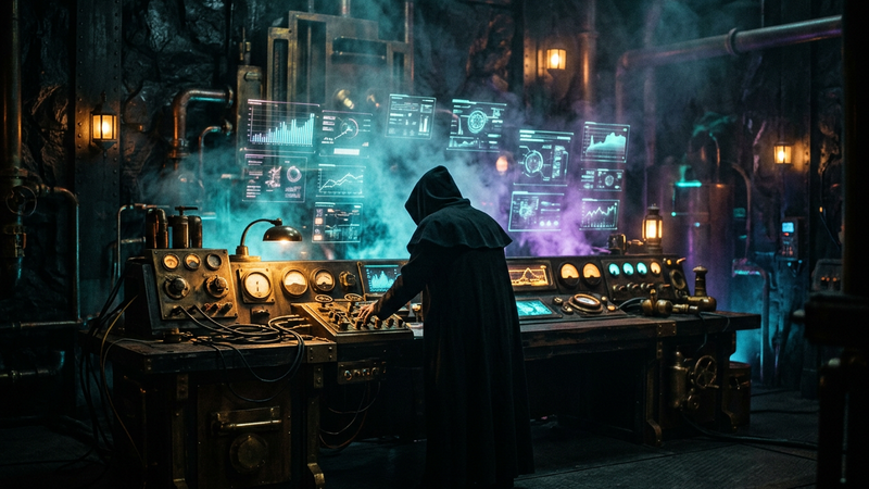 Hooded figure at a brass control desk with glowing gauges and holographic graphs