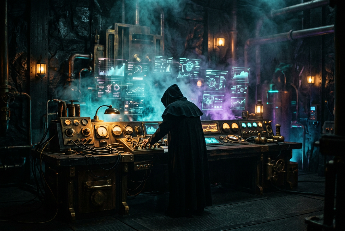 Hooded figure at a brass control desk with glowing gauges and holographic graphs
