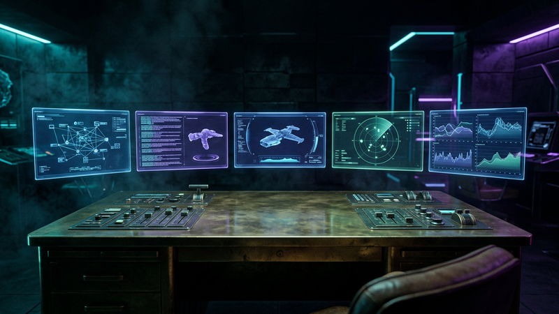 Five floating holographic stat dashboards above a brass control desk in a dark noir office