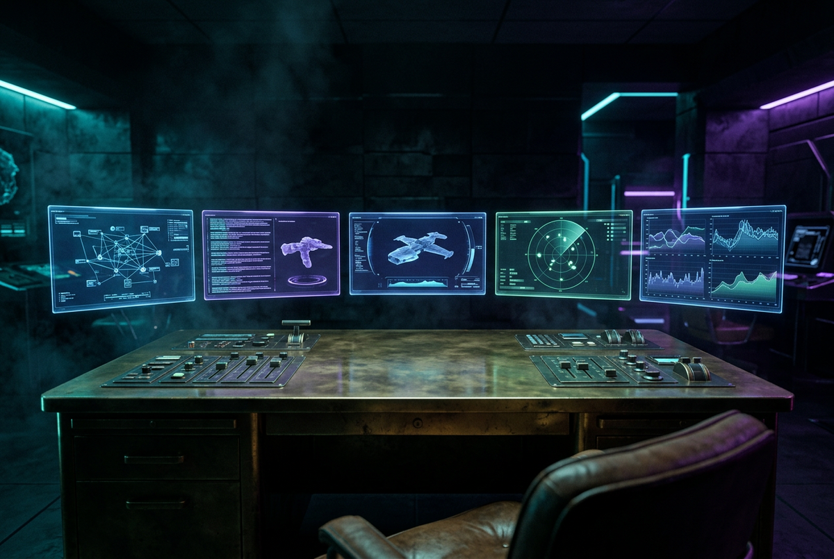 Five floating holographic stat dashboards above a brass control desk in a dark noir office