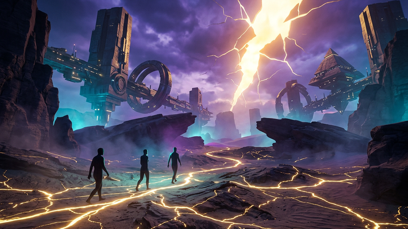 Three fireteam silhouettes crossing a time-warped desert under floating geometric machines