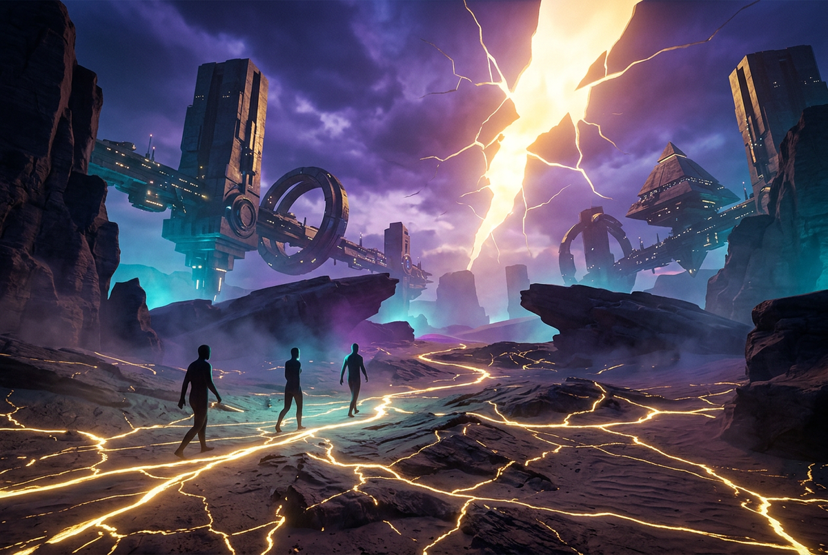 Three fireteam silhouettes crossing a time-warped desert under floating geometric machines
