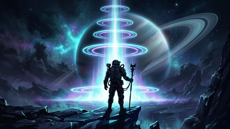 Armored explorer standing before a rising column of light with tiered glowing rings and a ringed planet behind