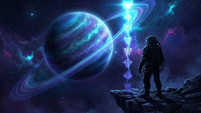 Armored explorer silhouette on a cliff beside eight glowing crests facing a ringed planet