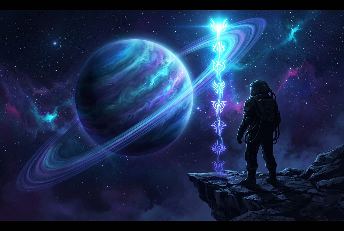 Armored explorer silhouette on a cliff beside eight glowing crests facing a ringed planet