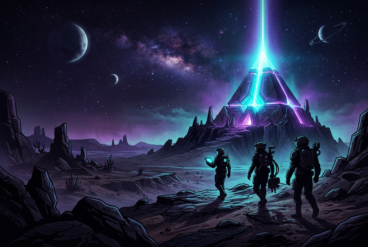Three armored silhouettes crossing a rocky desert planet toward a glowing pyramid beacon under a starry sky