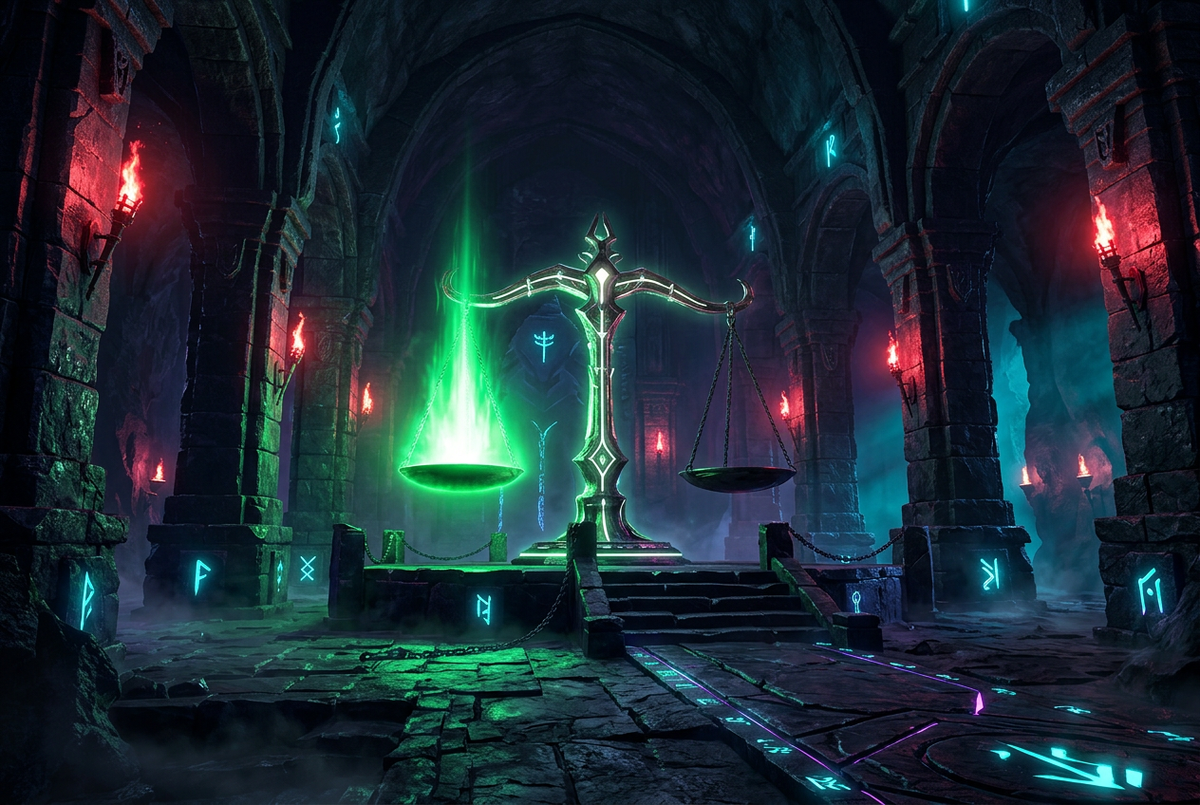 Balance scale with a glowing green pan rising inside a dark stone hall lit by red torches