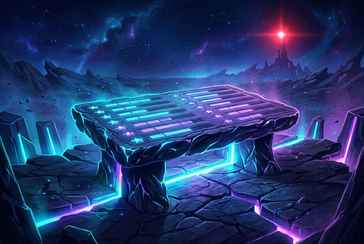 Glowing stone table carved with rows of light under a starry sky with a crimson beacon in the distance