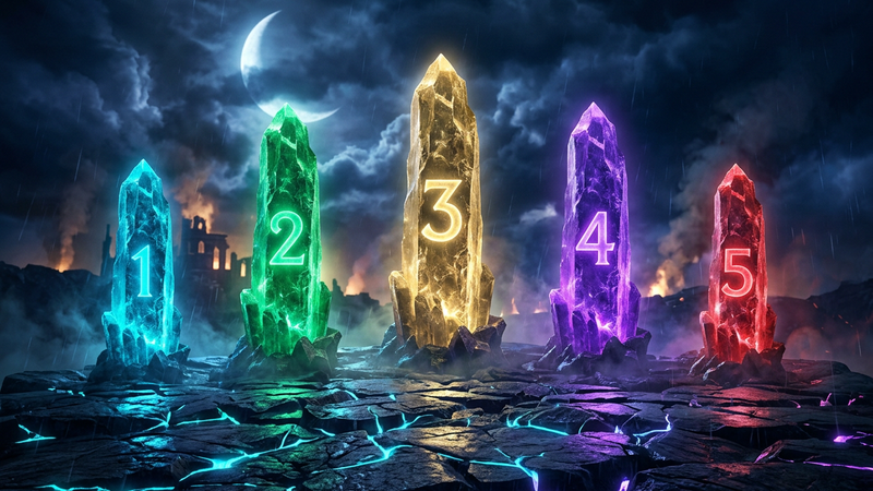 Five glowing crystal pillars numbered 1 to 5 in cyan, green, gold, violet and red on a dark battlefield under a crescent moon