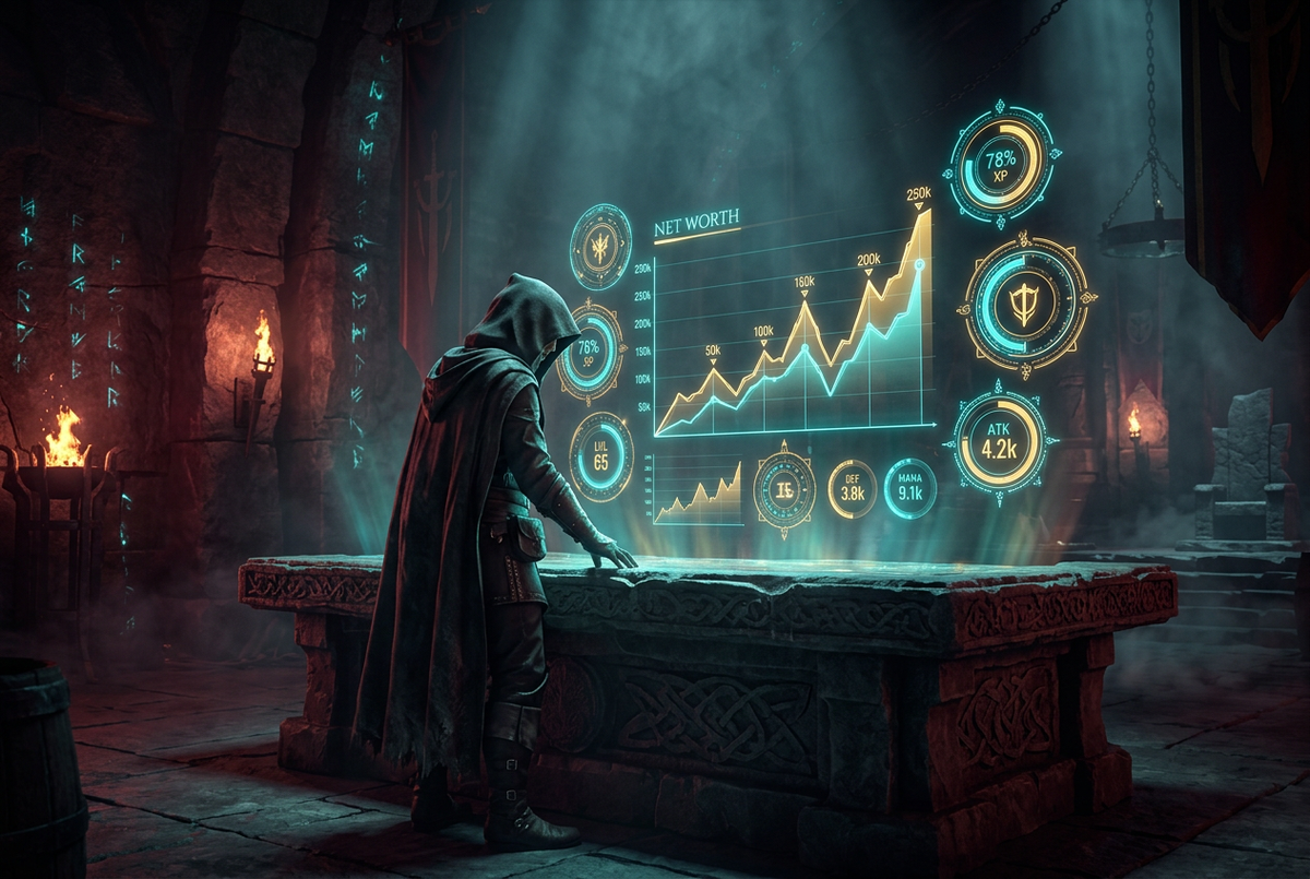 Hooded figure studying holographic gold and experience graphs above a stone table in a dark war room