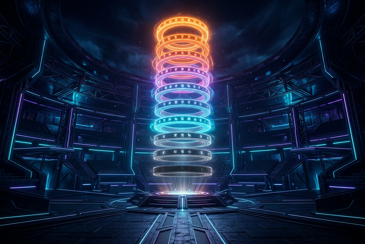 Tower of ten glowing rings shifting from grey to orange in an empty dark arena