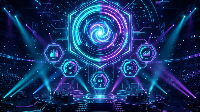 Large glowing rating dial ringed by six smaller gauges above a stage with spotlights