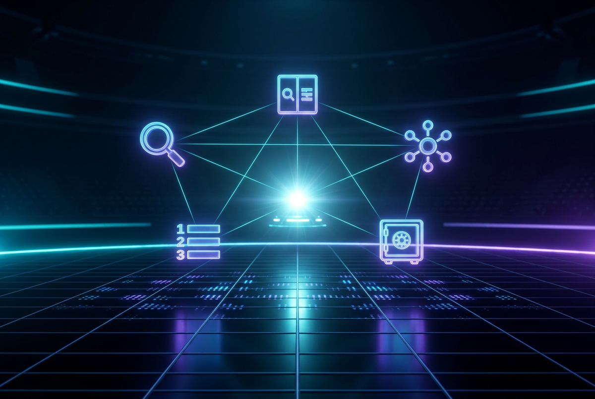 Map of connected tool icons glowing around a central start beacon on a dark grid