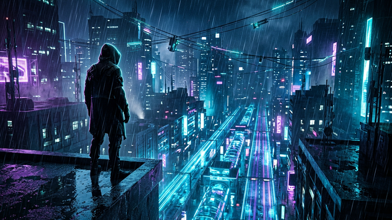 Hooded figure on a rain-slick noir rooftop above three glowing lanes and zipline cables