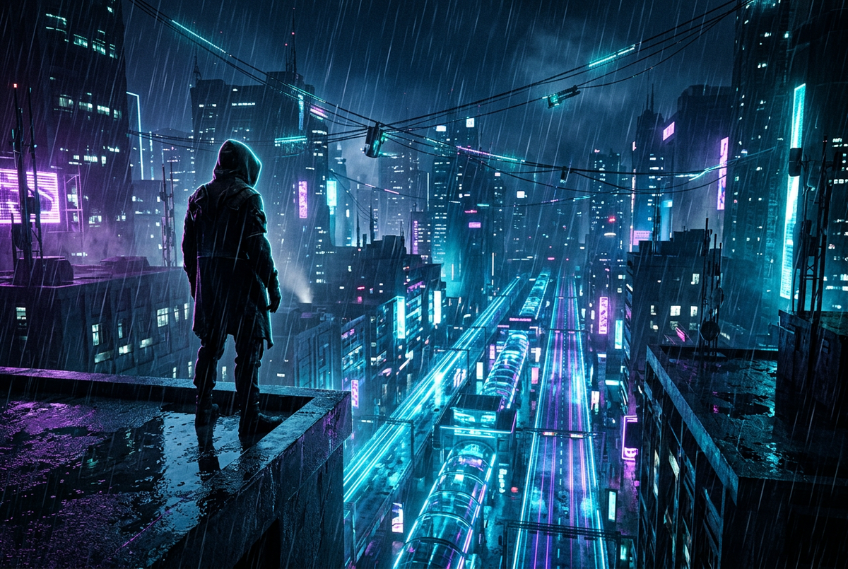 Hooded figure on a rain-slick noir rooftop above three glowing lanes and zipline cables