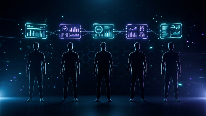 Five player silhouettes in a row with floating stat cards linked by glowing lines