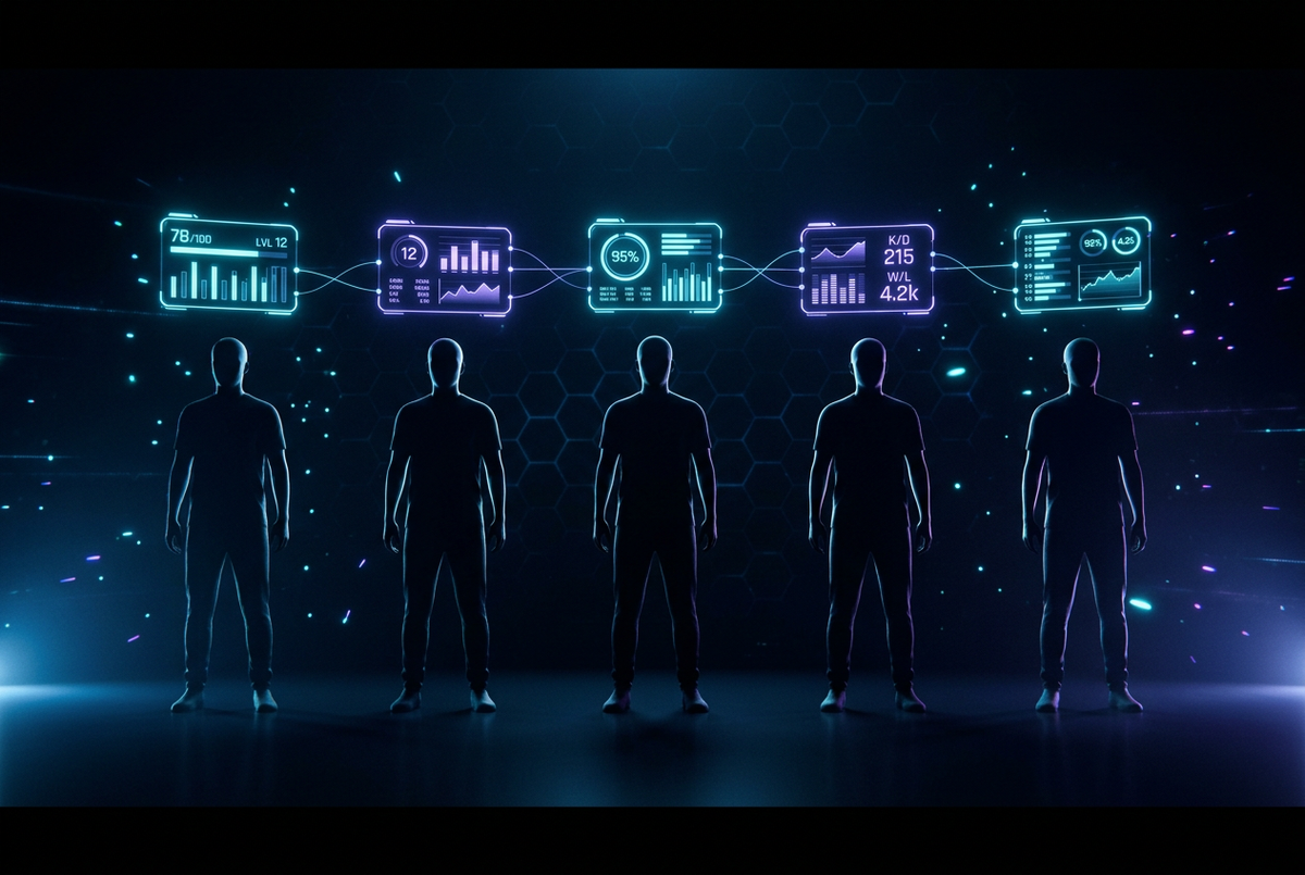 Five player silhouettes in a row with floating stat cards linked by glowing lines