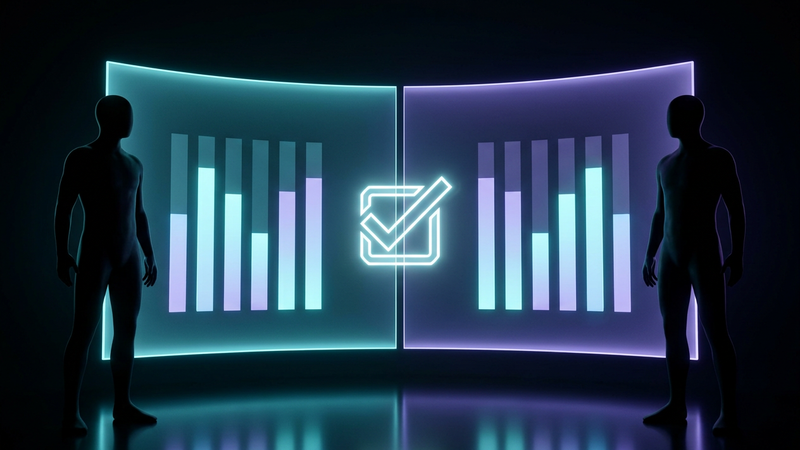 Two player silhouettes on either side of a holographic split screen of mirrored stat bars