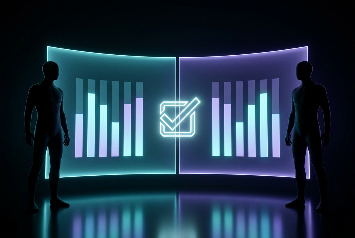Two player silhouettes on either side of a holographic split screen of mirrored stat bars
