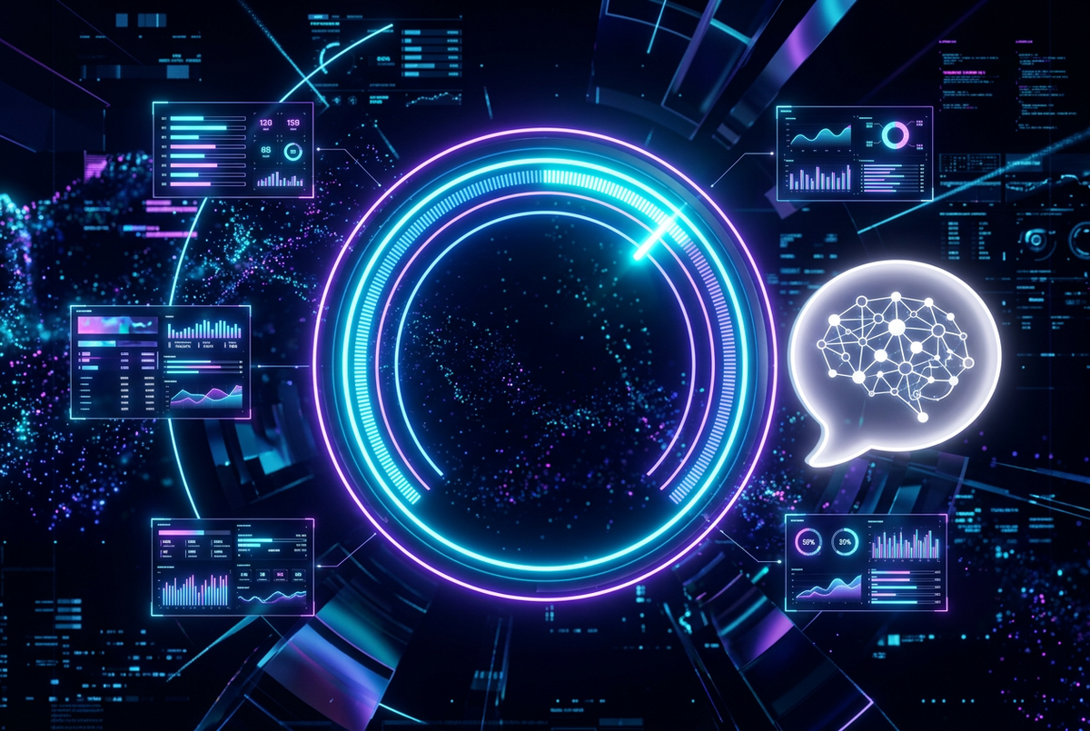 Glowing 0 to 100 score ring over stat tiles with an AI speech glyph beside it