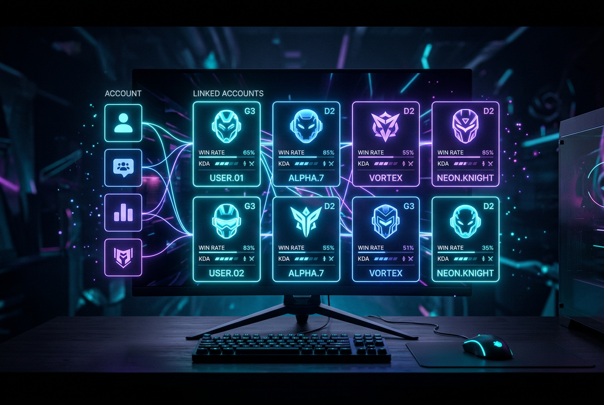 Glowing dashboard of linked account cards and pinned player tiles above a dark desk