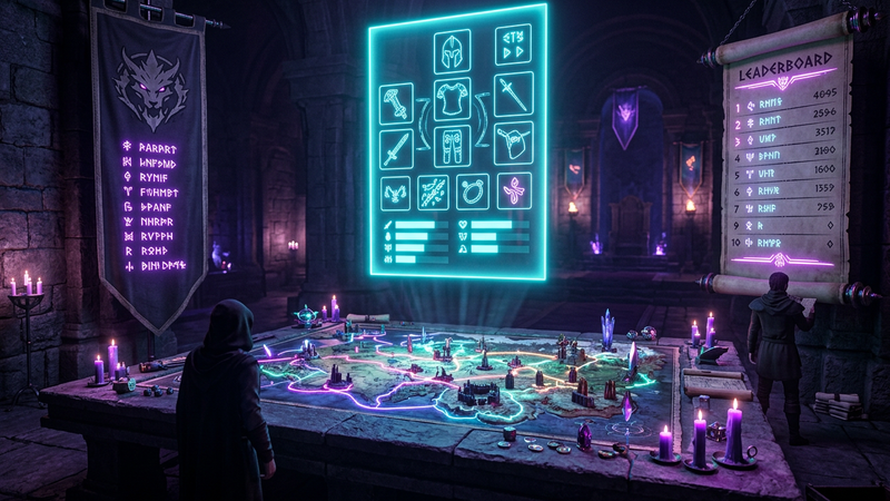 Fantasy war table with a glowing character sheet, guild banner roster and leaderboard scroll