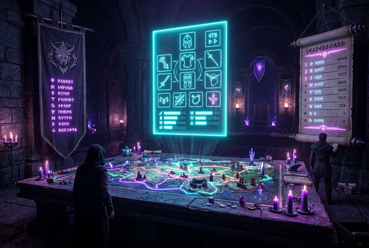Fantasy war table with a glowing character sheet, guild banner roster and leaderboard scroll