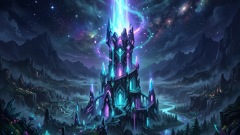 Crystal tower sending a bright beam of light into a starry sky above a misty fantasy valley at night