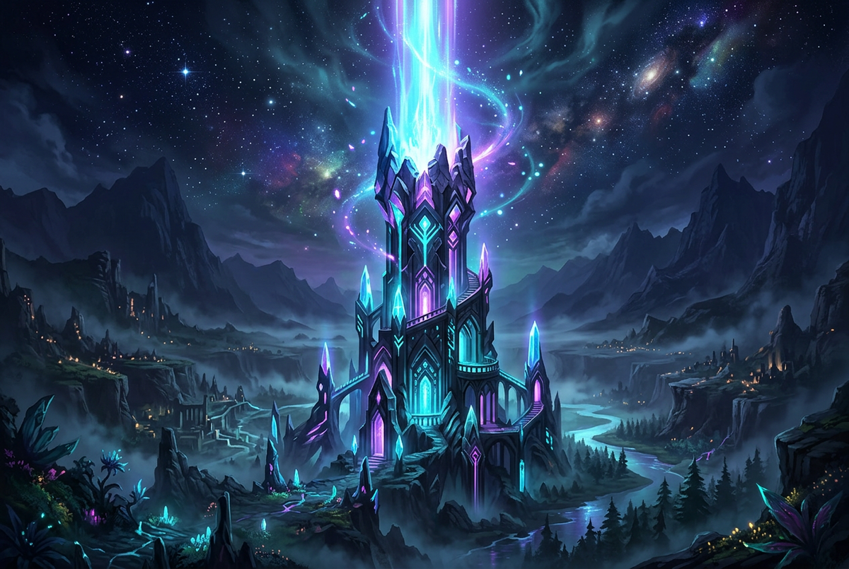 Crystal tower sending a bright beam of light into a starry sky above a misty fantasy valley at night