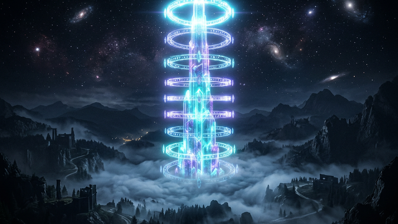 Glowing crystal spire ringed by ten tier rings above a misty fantasy valley at night