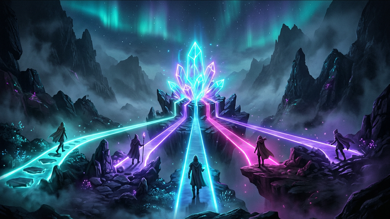 Five glowing paths of different colors meeting at a crystal spire in a misty fantasy valley, one figure on each path