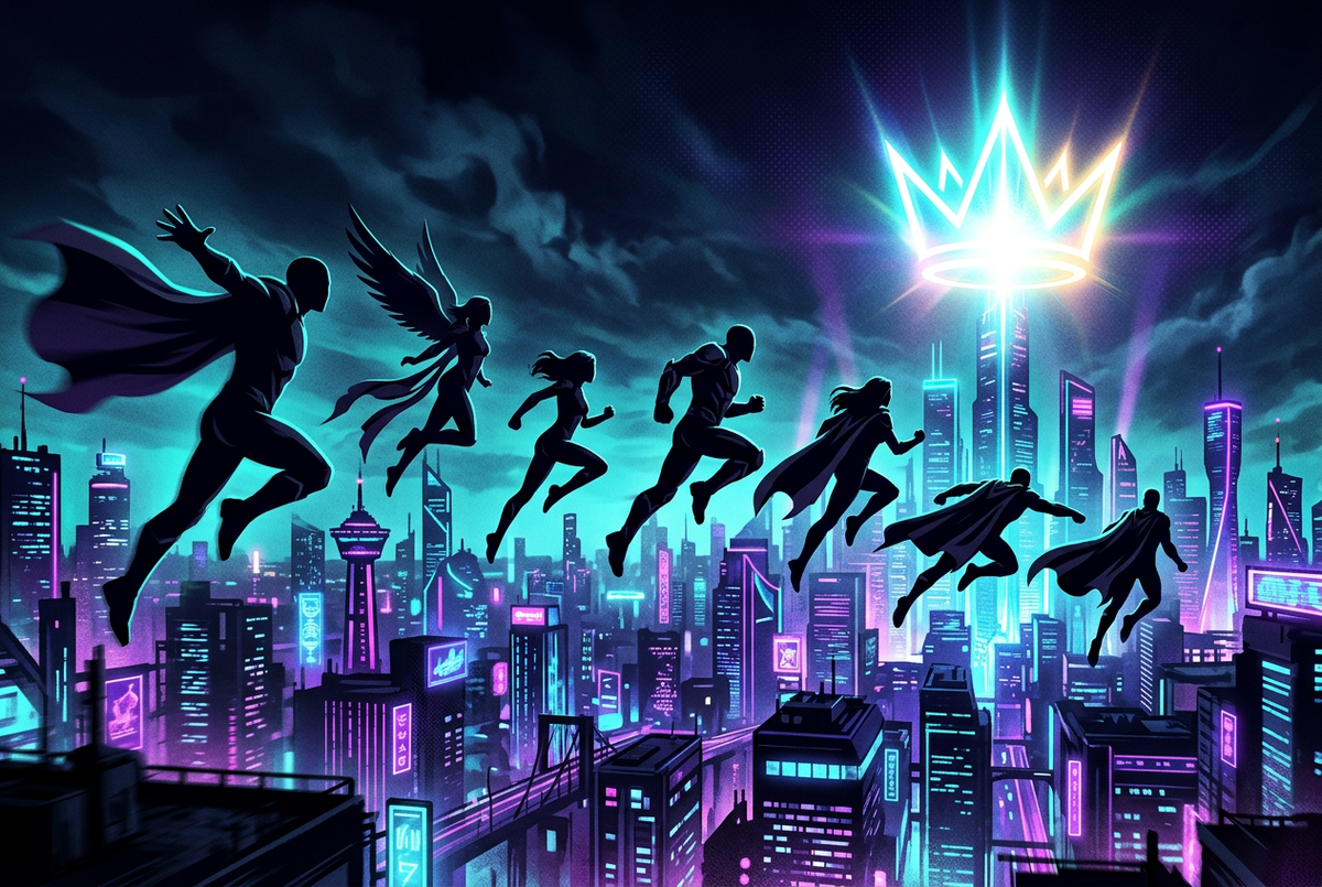 Original caped hero silhouettes leaping over a neon skyline toward a glowing crown beacon